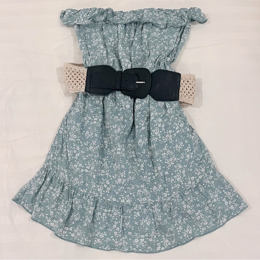 Strapless Mini Sundress; grey-green with white floral print; Poetry; women (M)